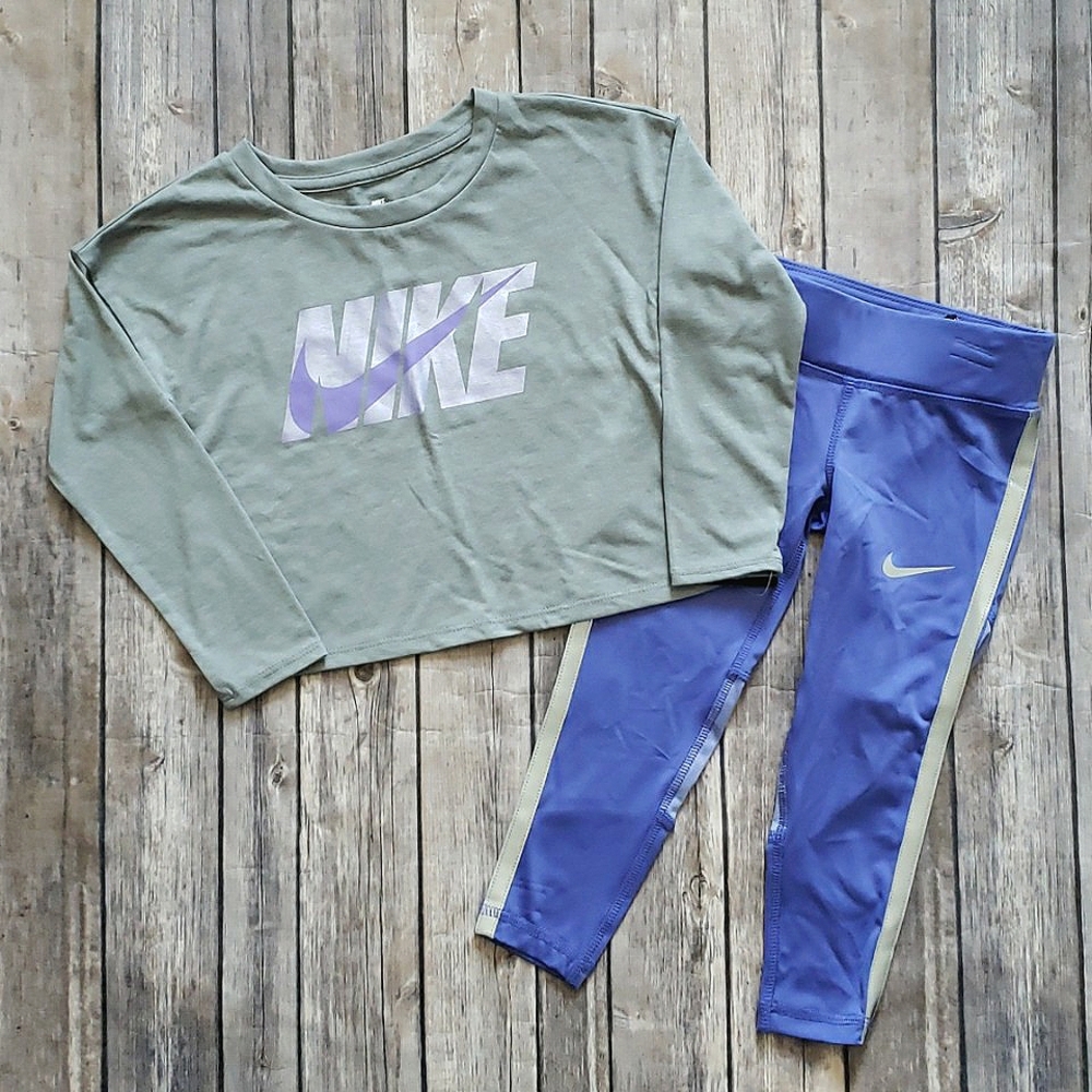 Nike Little Girls Long-Sleeve Metallic Logo Box Tee & Dri-FIT Leggings Set